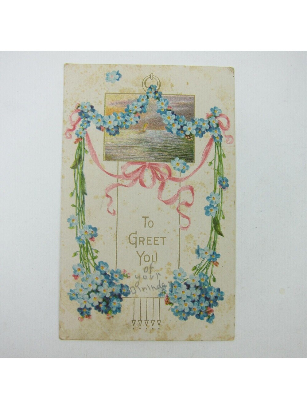Postcard Sailboat at Sea Blue Flowers Floral Bouquet Pink Ribbon Antique 1911